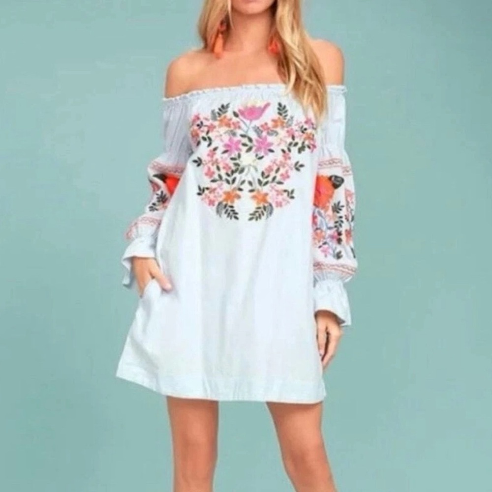 Free People Women's Light Blue Fleur Du Jour Embroidered Mini Dress‎ Size M